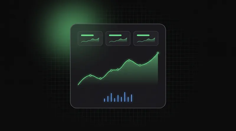 Schema astratto di una dashboard: tre riquadri KPI in alto e un grafico a linea in crescita, senza numeri.