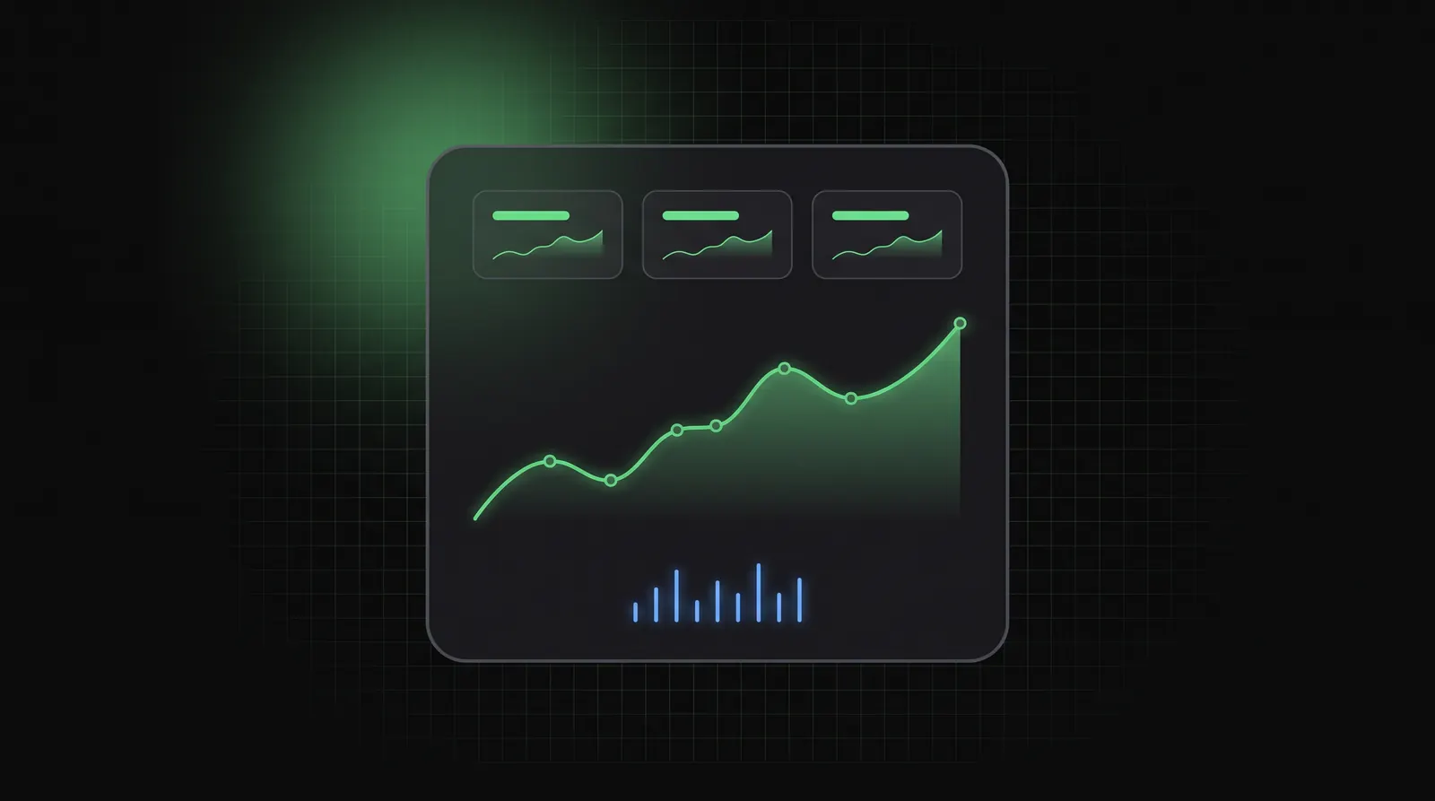Schema astratto di una dashboard: tre riquadri KPI in alto e un grafico a linea in crescita, senza numeri.
