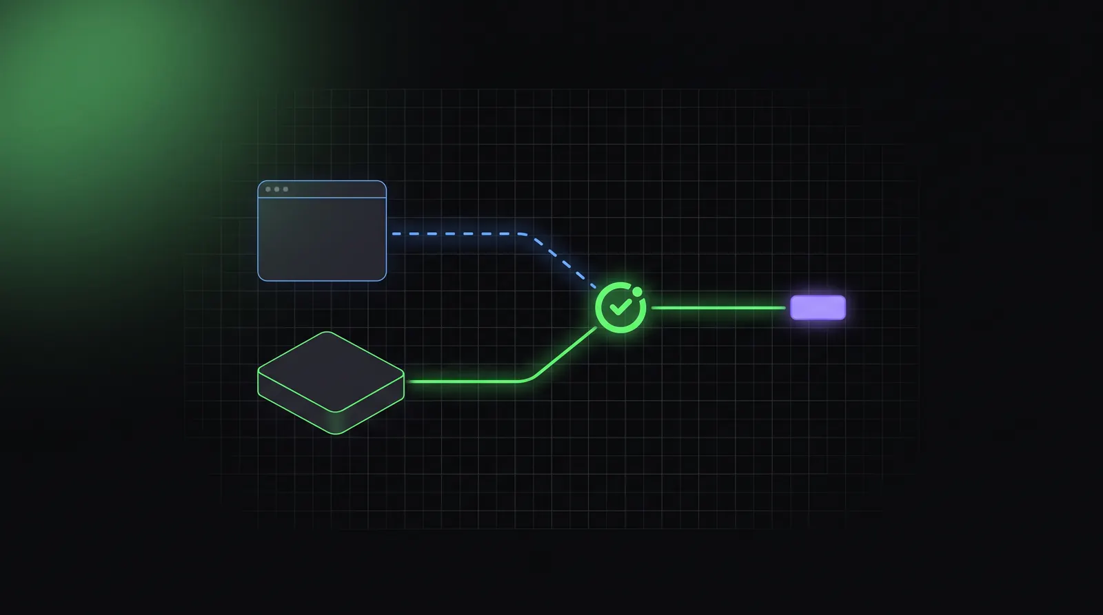 Schema astratto: una linea tratteggiata dal browser e una linea continua dal server convergono in un nodo di deduplica, da cui esce un solo evento.